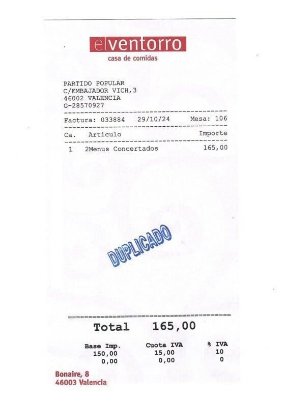 Factura de Mazón en 'El Ventorro' donde comía en el peor momento de la DANA