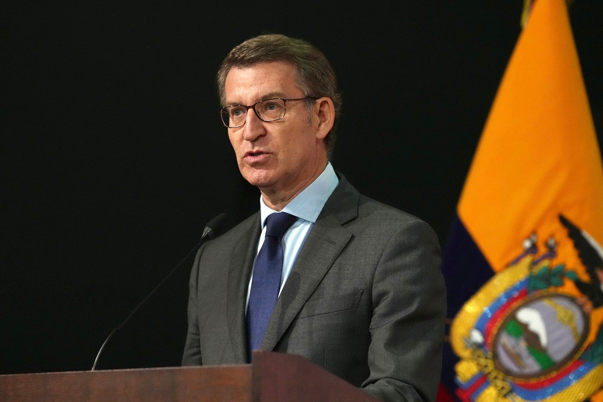 El presidente del PP, Alberto Núñez Feijóo, durante su discurso en una conferencia celebrada en la Universidad de Quito, en Ecuador