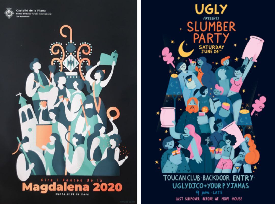 Cartel Fiestas de la Magdalena 2020 (izquierda) y cartel fiesta pijama pub de Australia (derecha). 