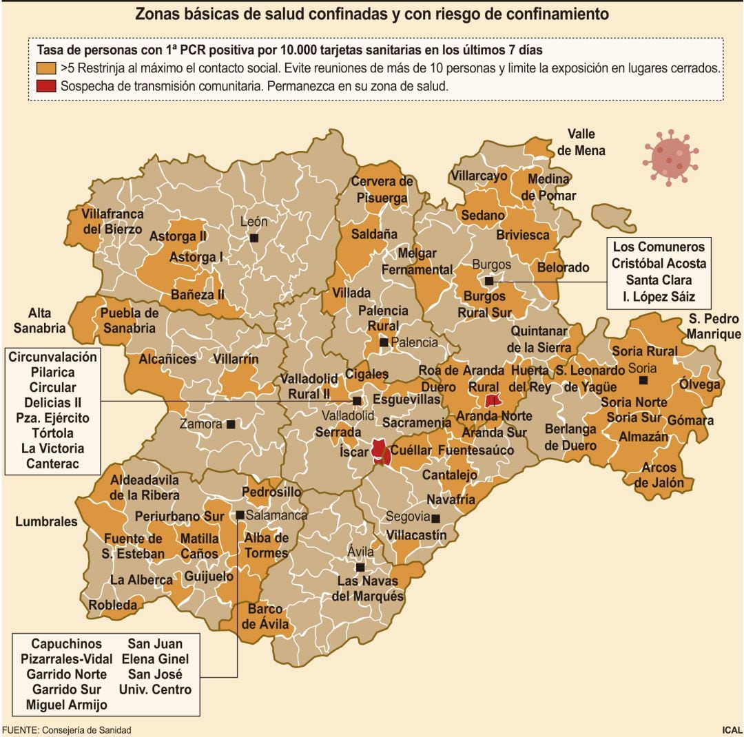 Mapa de zonas basicas de salud con riesgo de confinamiento