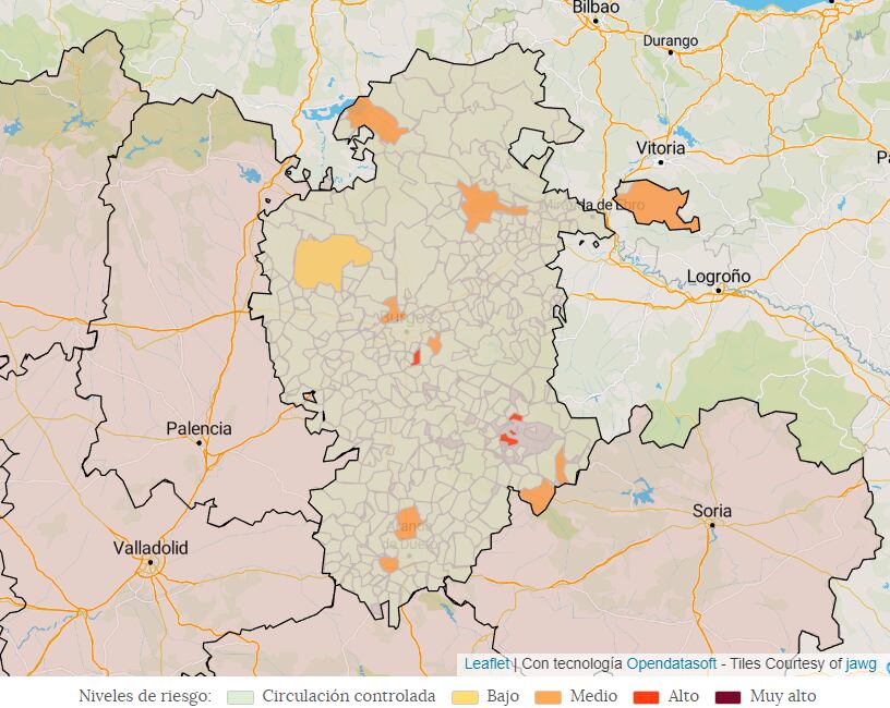 Mapa de incidencia de la covid por municipios en la provincia de Burgos a 3 de enero de 2023