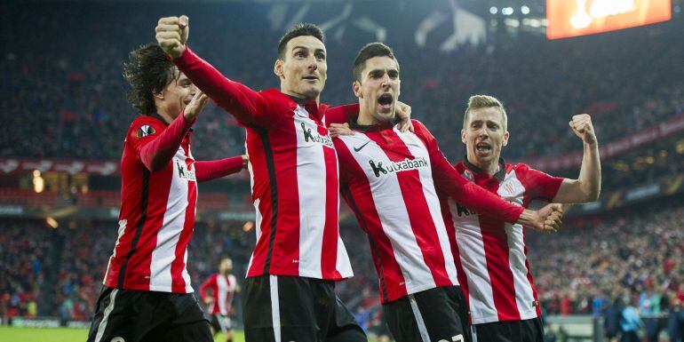 Sabin Marino (2ndR) of Athletic Club celebrates after scoring during the UEFA Europa League Round of 32: Second Leg match between Athletic Club and Marseille at San Mames Stadium on February 25, 2016 in Bilbao, Spain