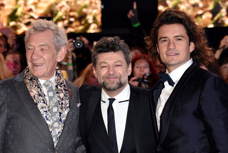 LONDON, ENGLAND - DECEMBER 01:  (L-R) Ian McKellen, Andy Serkis and Orlando Bloom attend the World Premiere of &quot;The Hobbit: The Battle OF The Five Armies&quot; at Odeon Leicester Square on December 1, 2014 in London, England.  (Photo by Karwai Tang/WireImage)