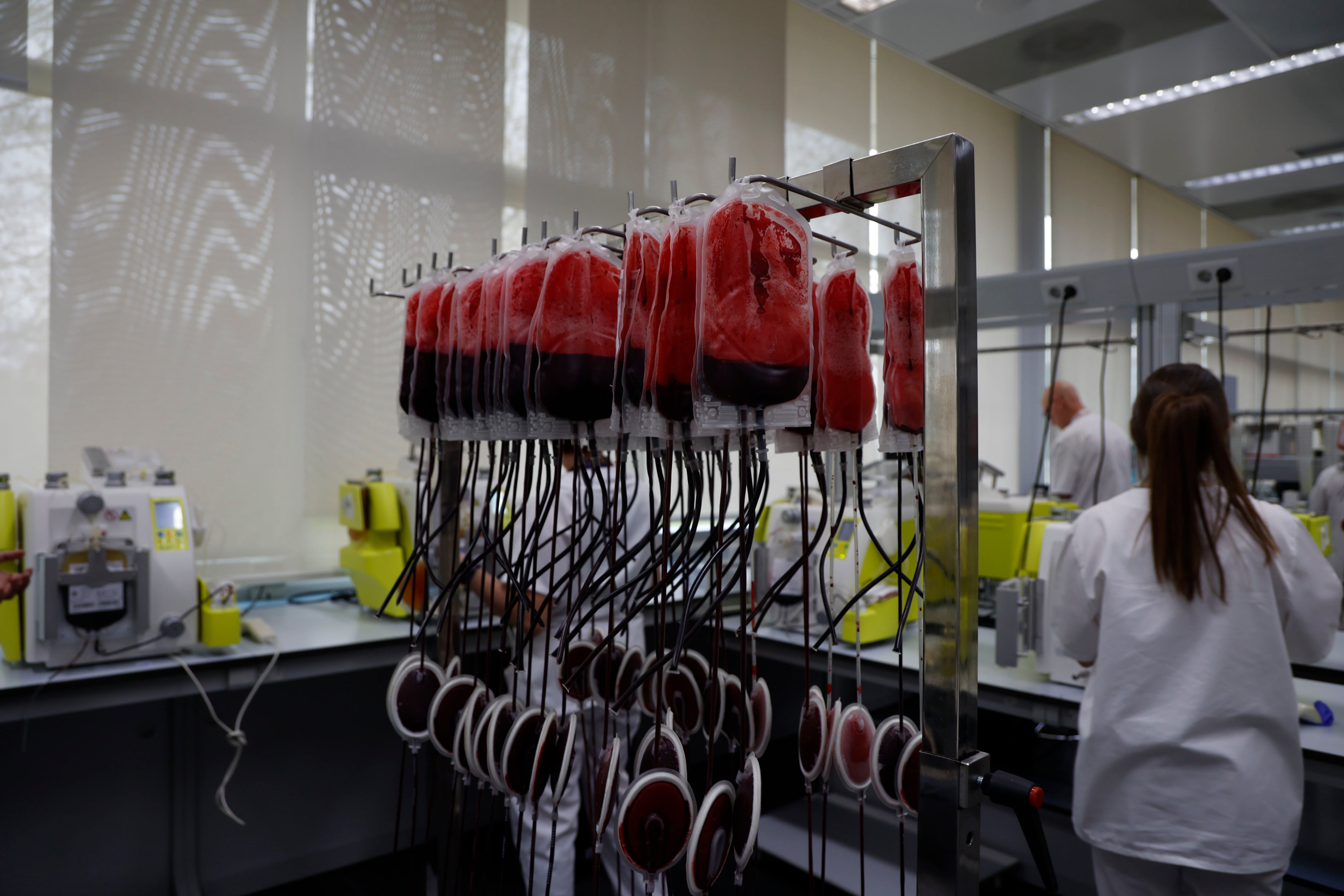 MADRID, 20/03/2026.- Donaciones de sangre en el Centro de Transfusiones de la Comunidad de Madrid, este viernes, en Madrid. La Comunidad de Madrid organiza esta semana un maratón de donación de sangre y plasma, para garantizar que las reservas estén en los niveles adecuados en Semana Santa, y se sortearán dos entradas para la gira 'LUX' de Rosalía en la capital. EFE/Maria Aguilella Pardo