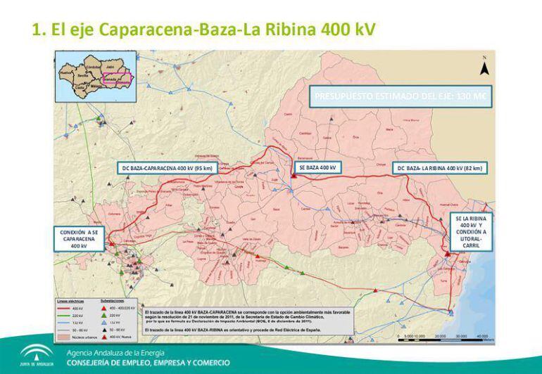 Mapa de la línea de 400 kV Caparacena-Baza-La Ribina