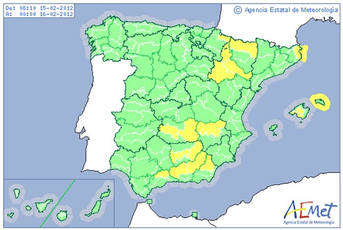 Alertas en el mapa de la previsión del tiempo de Aemet