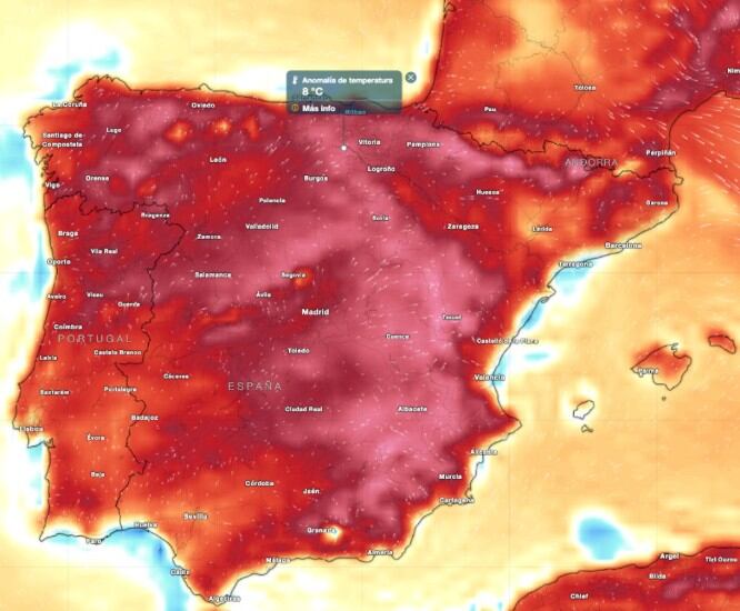 Mapa de las altas temperaturas que se esperan para este fin de semana, hasta 8 ºC por encima de lo habitual