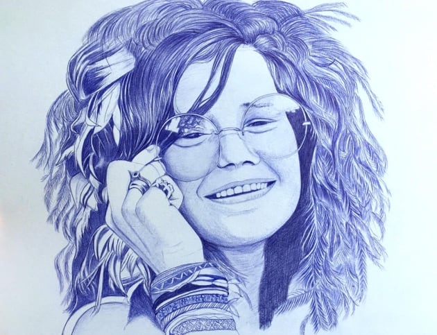 Janis Joplin, dibujada a bolígrafo