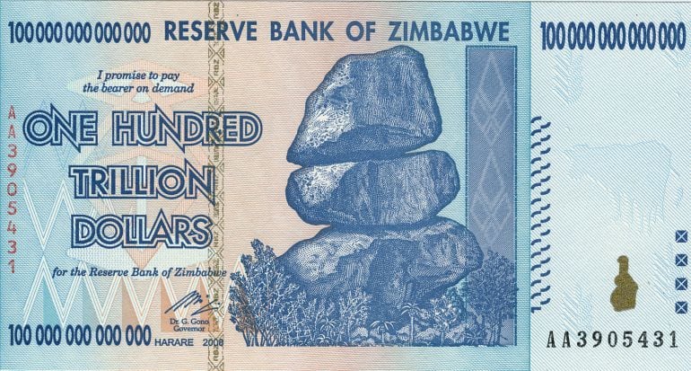 Billete de cien billones de dólares de Zimbabue, el valor más alto emitido en un billete