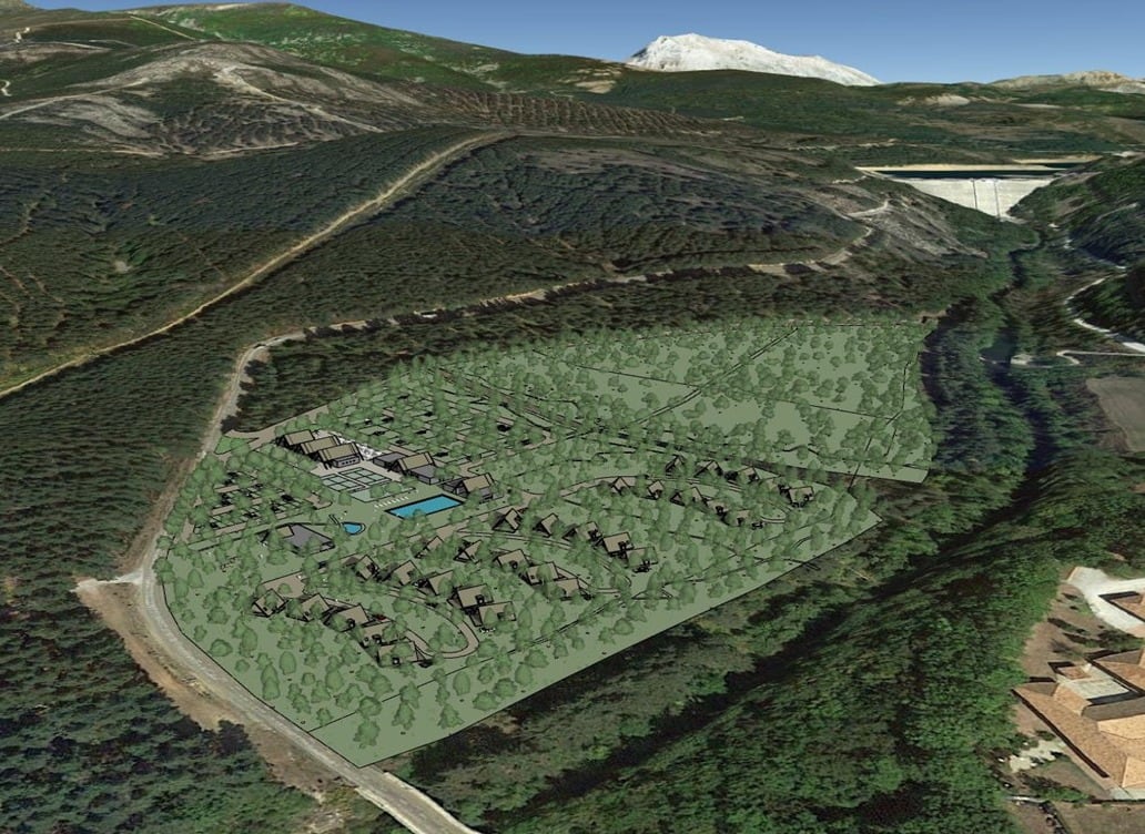 Infografía de la vista aérea del futuro camping de Velilla del Río Carrión en Palencia