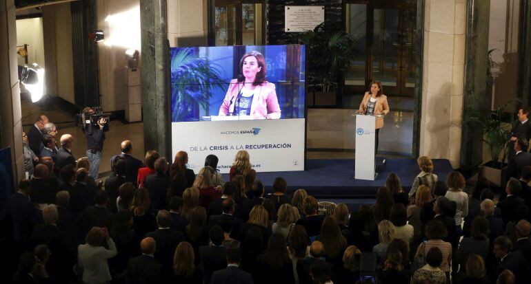La vicepresidenta del Ejecutivo, Soraya Sáenz de Santamaría, durante su intervención en el acto que el Partido Popular para hacer balance de la legislatura.