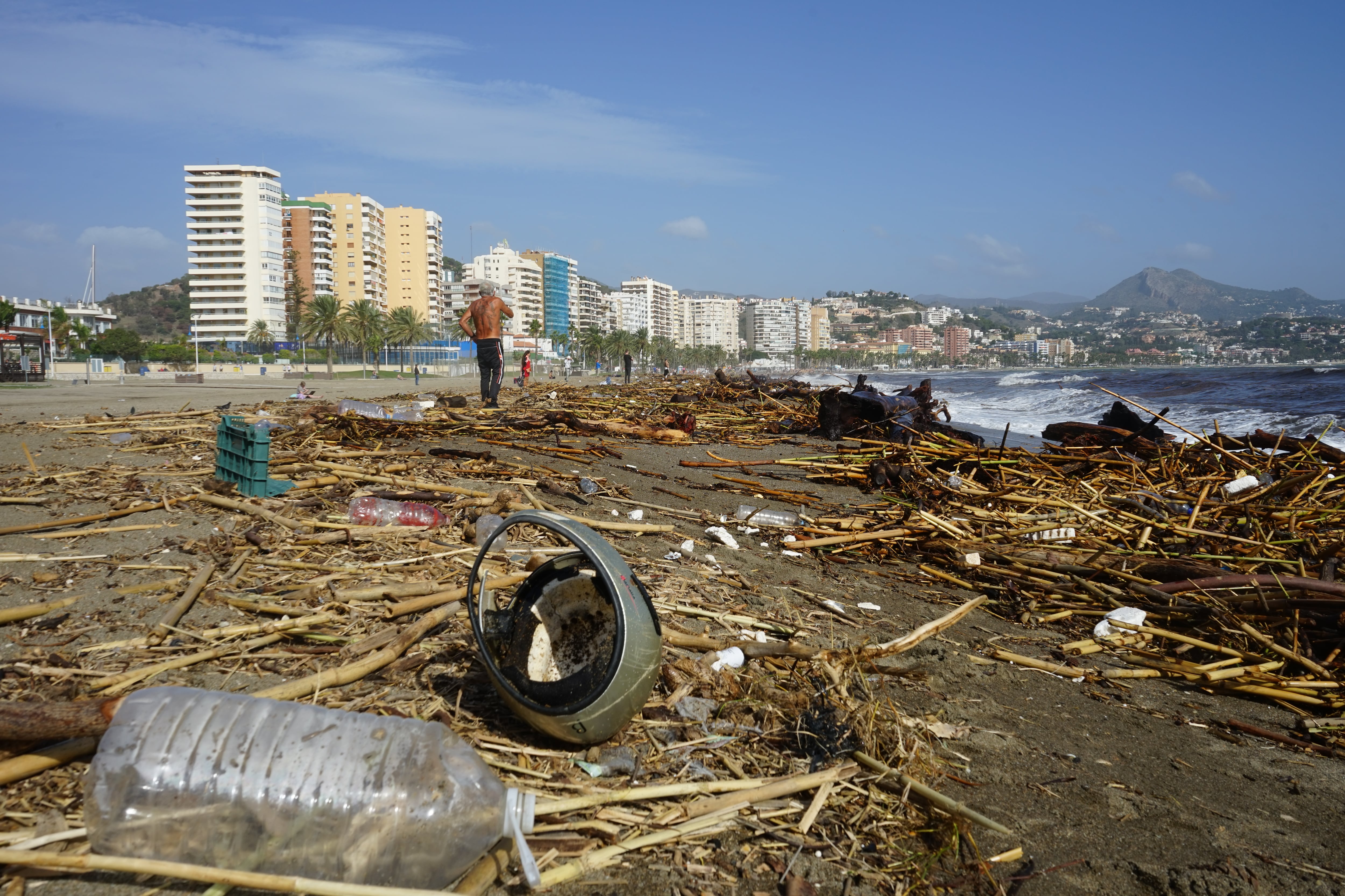 MA09. MÁLAGA, 15/11/2024.-Aspecto de la Playa de la Malagueta este viernes que ha amanecido llena de basura, cañas y troncos tras el paso de la DANA que causó el miércoles fuertes inundaciones en Málaga capital y su provincia. EFE/María Alonso
