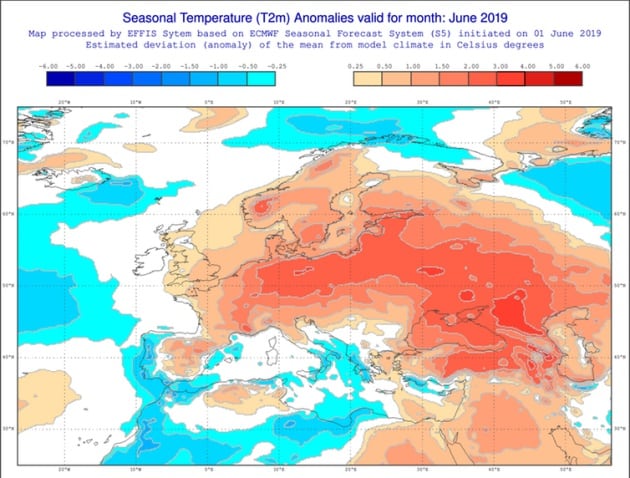 Anomalías estacionales de la temperatura para julio.