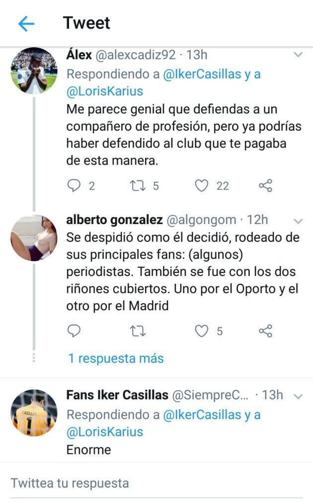 Ejemplo de conversación creada en los comentarios sobre el tuit de Casillas sobre Karius