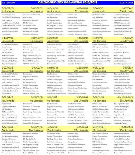 Calendario de la temporada 2018-19.