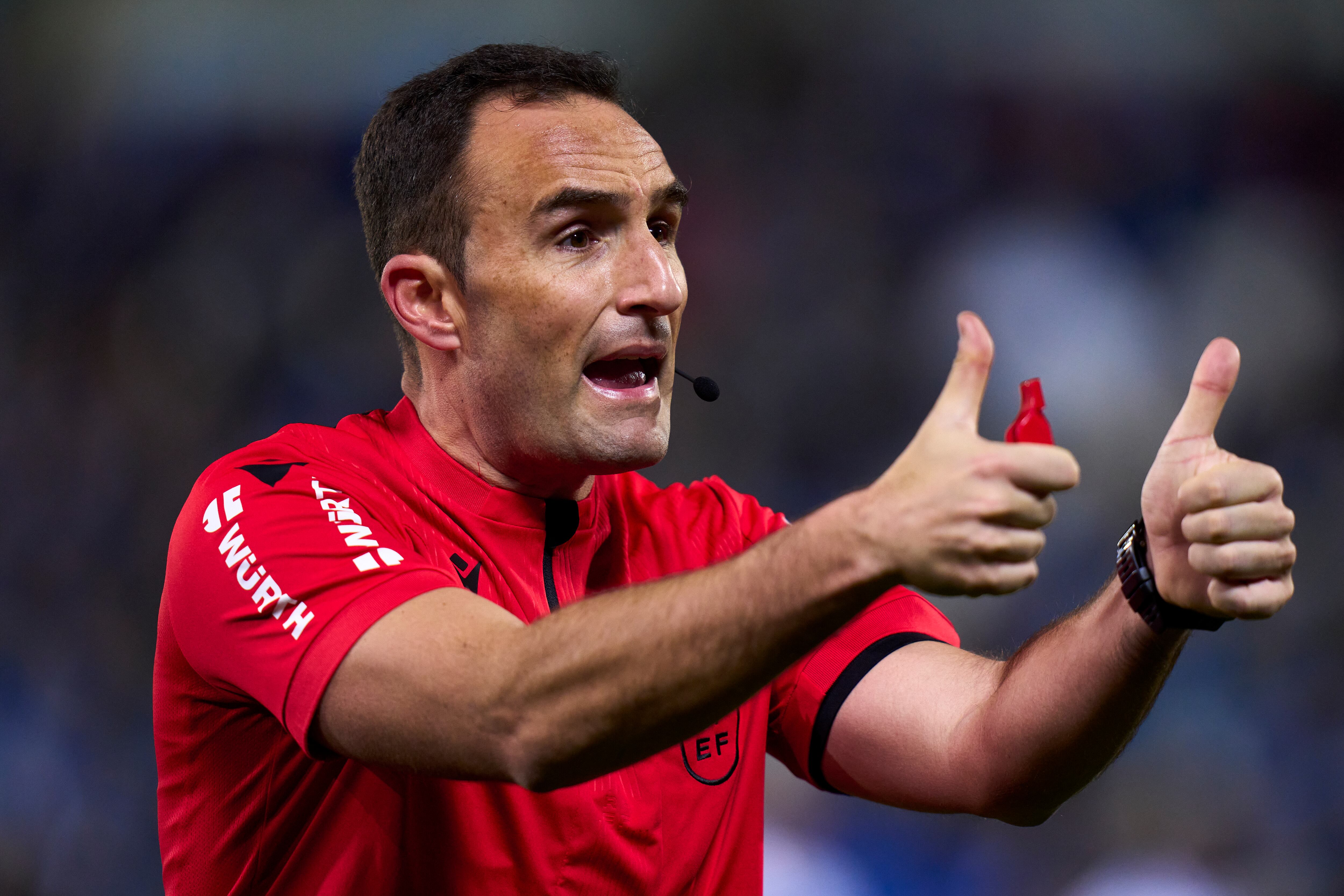 LEGANES, SPAIN - JANUARY 06: Referee Arcediano Monescillo reacts during La Liga SmartBank match between CD Leganes and CD Lugo at Estadio Municipal de Butarque on January 06, 2023 in Leganes, Spain. (Photo by Diego Souto/Quality Sport Images/Getty Images)