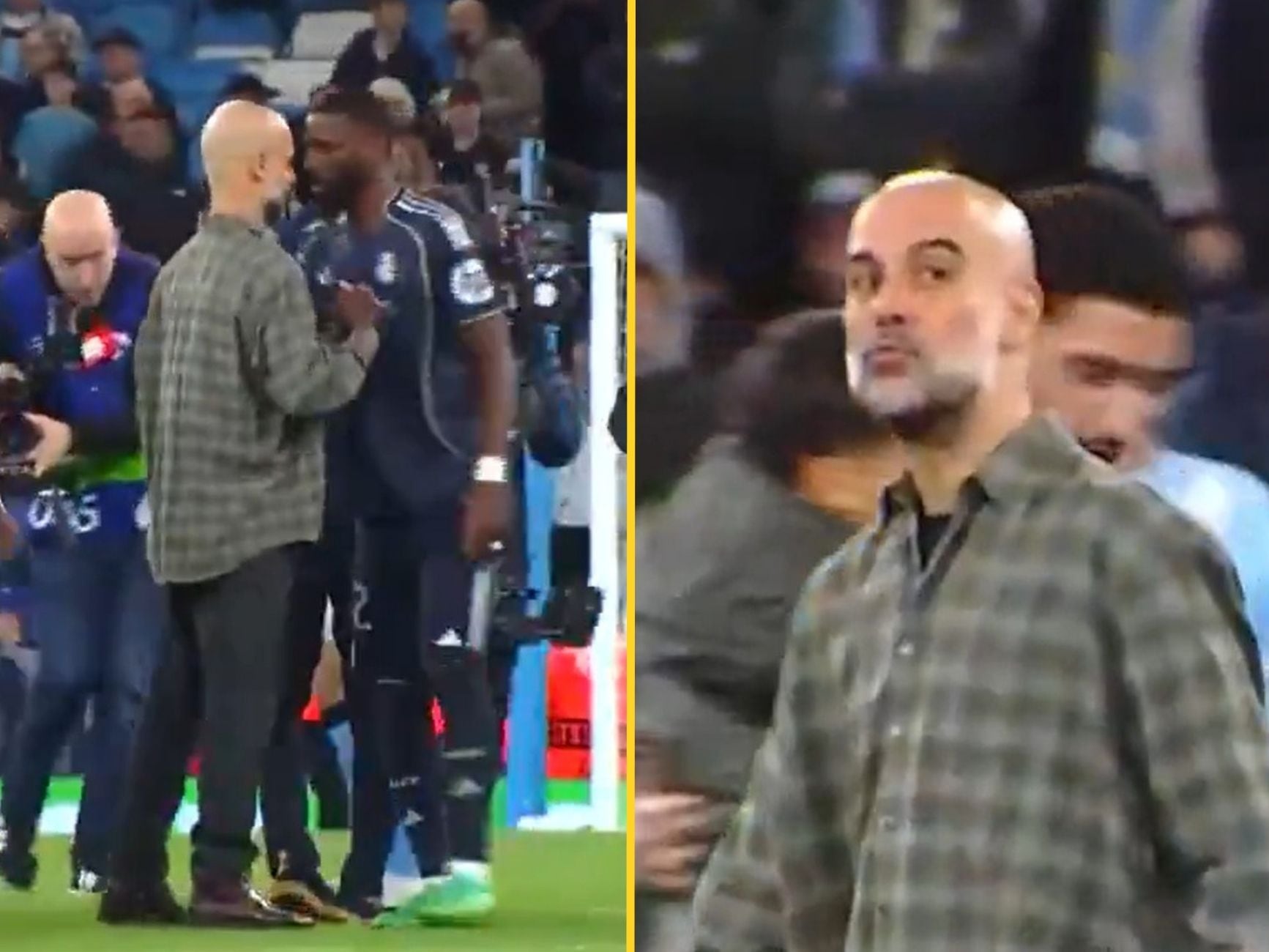 En un montaje, dos imágenes del encuentro entre Rüdiger y Guardiola (@Movistar+)