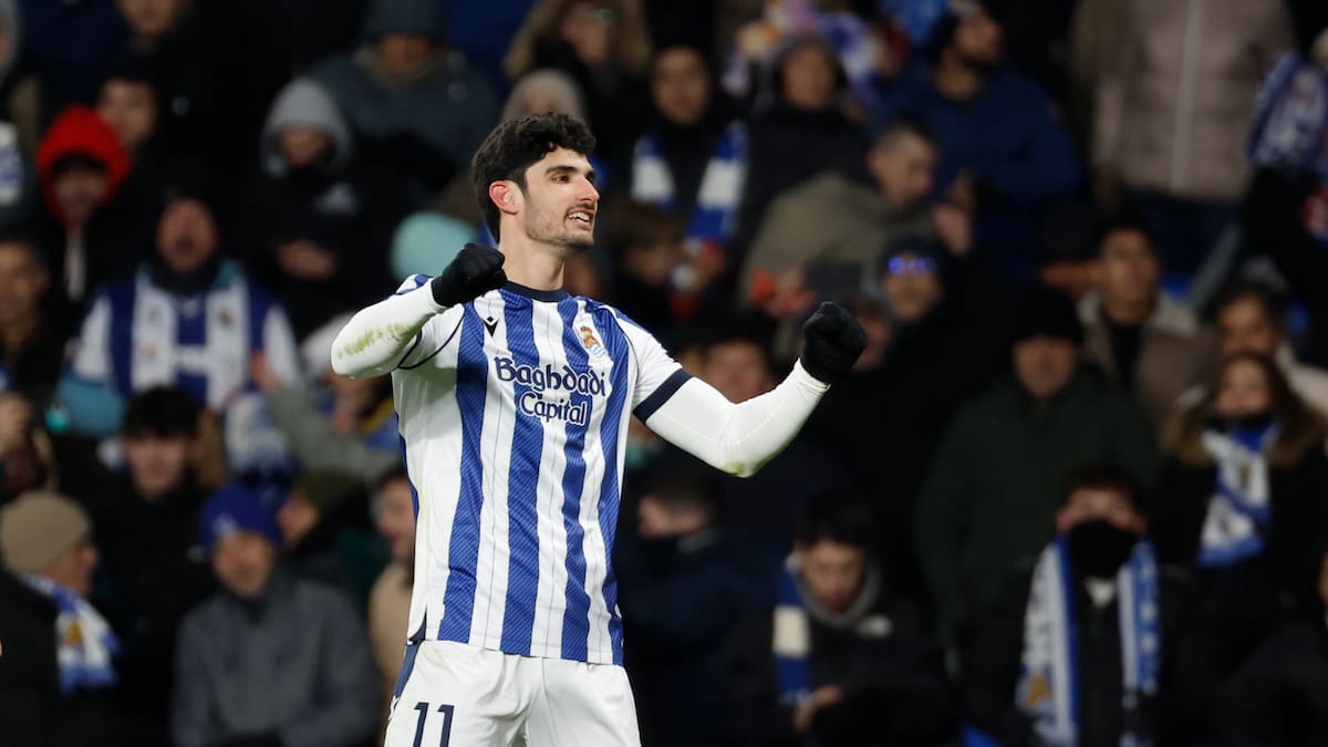 El extremo portugués de la Real Gonçalo Guedes tras marcar el gol del empate frente al Atlético de Madrid