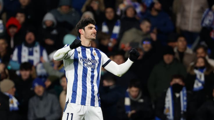 El extremo portugués de la Real Gonçalo Guedes tras marcar el gol del empate frente al Atlético de Madrid