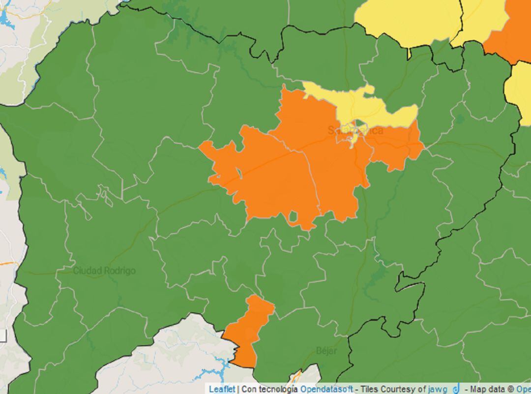 Mapa actual de la incidencia del covid en las zonas de salud de Salamanca, publicado en el Portal de Transparencia de la Junta de CyL