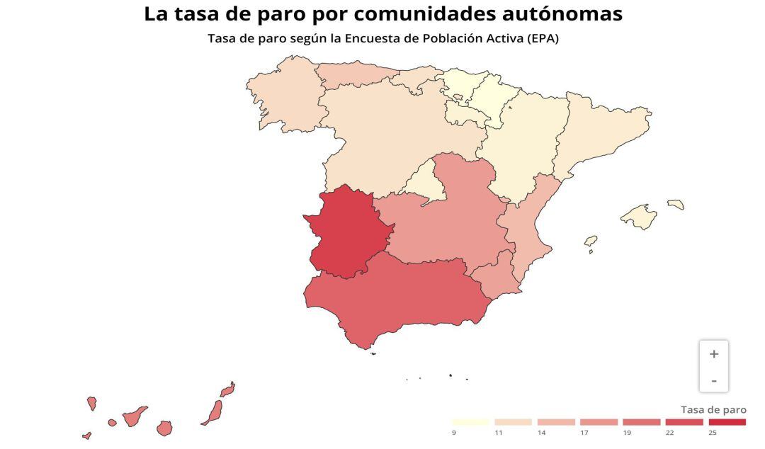 Tasa de paro por comunidades autónomas en el cuarto trimestre de 2019