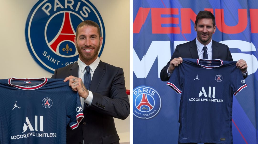 Sergio Ramos y Leo Messi con la camiseta del PSG