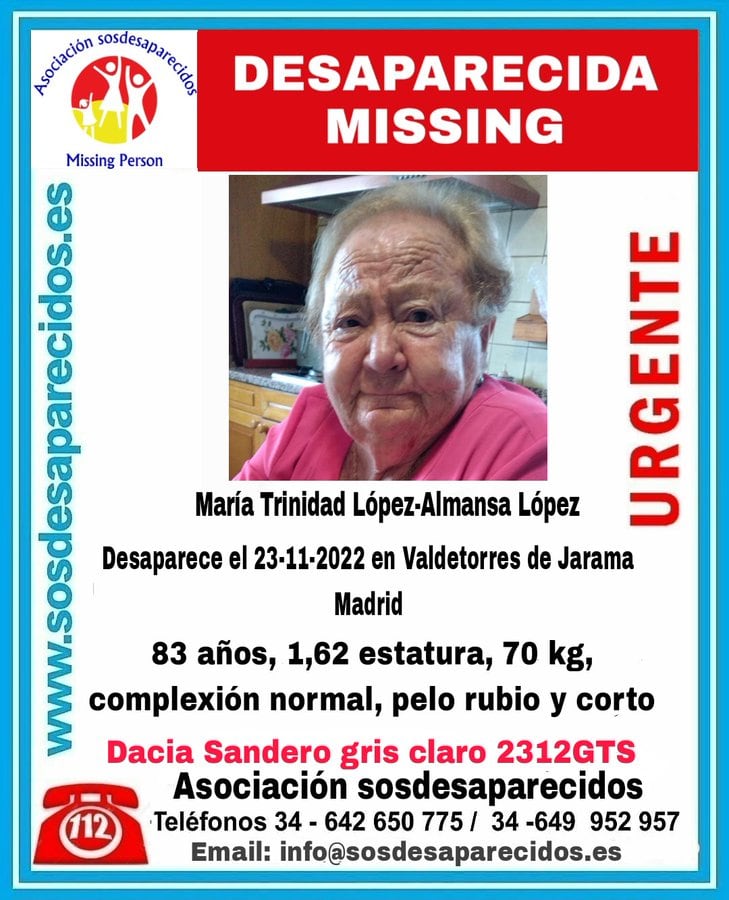 Alerta de desaparición de una mujer de 83 años en Valdetorres de Jarama