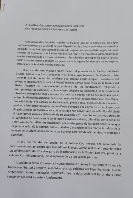 Carta dirigida al obispo Casimiro López