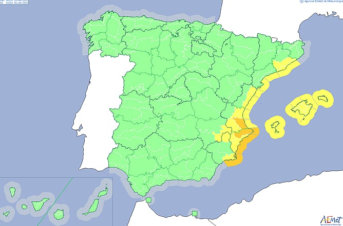 Hay alerta naranja por riesgo importante de lluvias en el sur de la provincia de Valencia y en el norte de la de Alicante (Aemet)