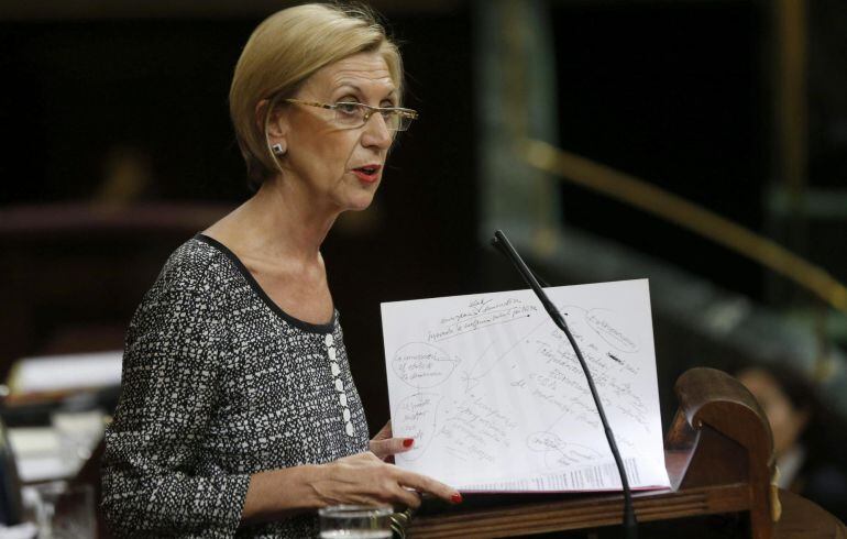 La portavoz de UPyD, Rosa Díez, durante su intervención ante el Congreso de los Diputados