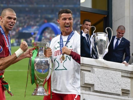 Cristiano Ronaldo y Pepe como campeones de Europa con el Real Madrid y Portugal