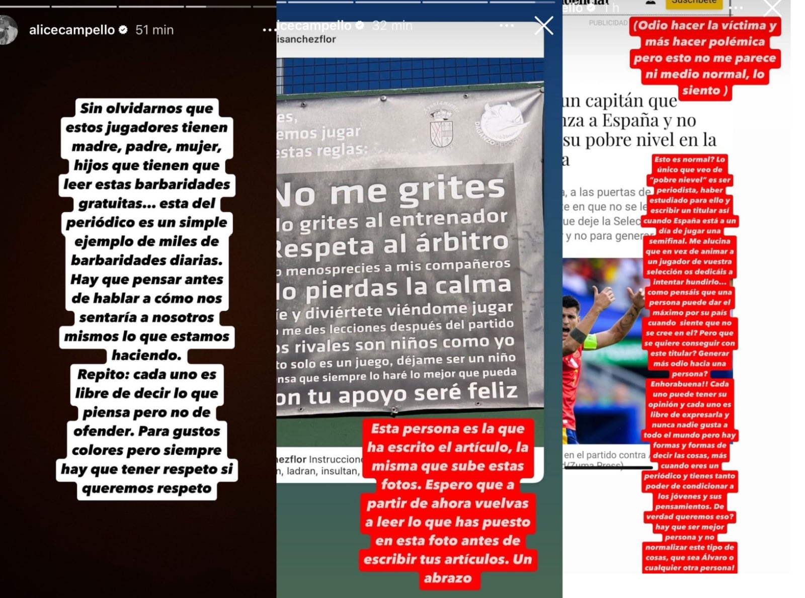 Historias en las que Alice Campello sale en defensa de Álvaro Morata tras las críticas durante la Eurocopa