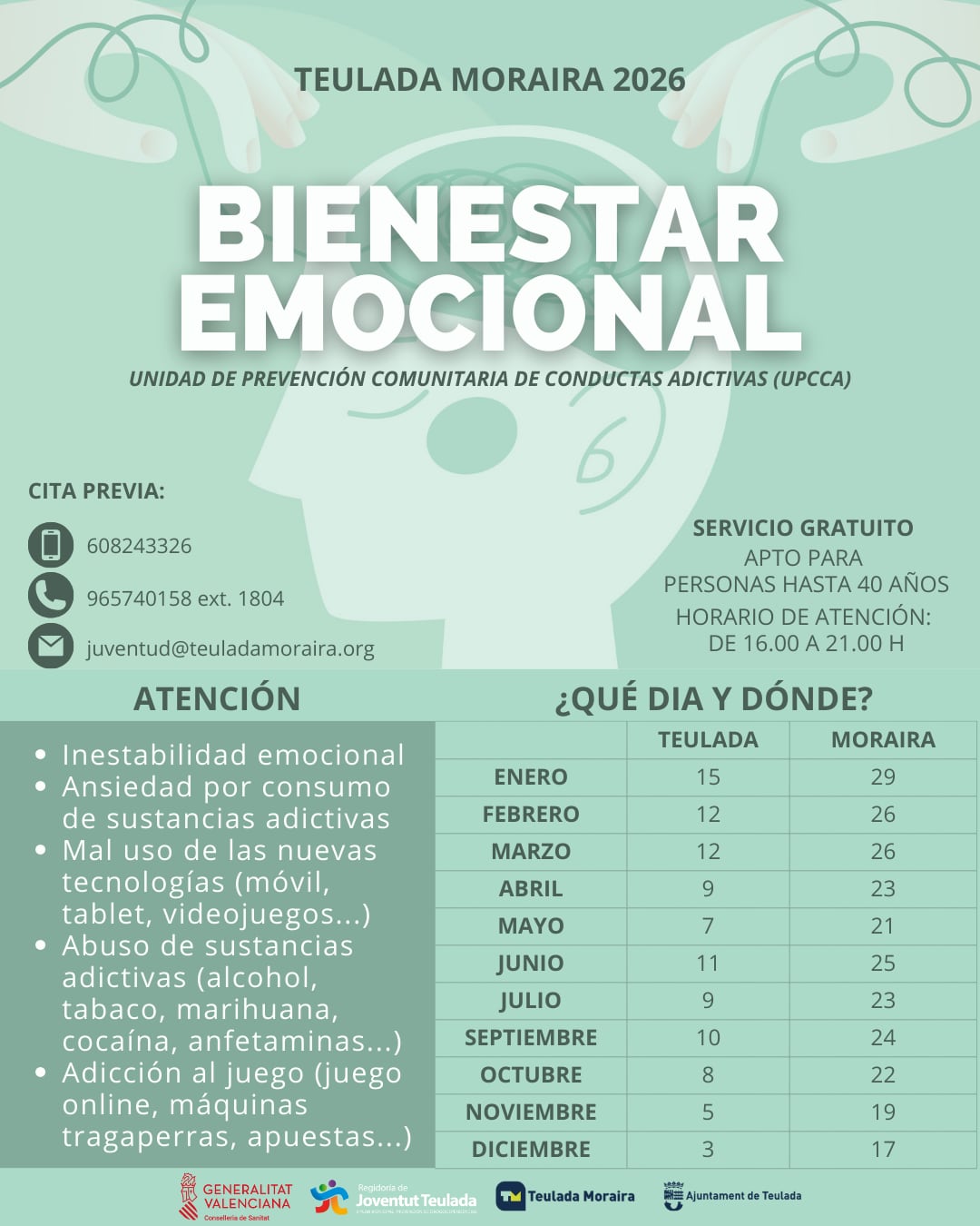 Horarios y fechas del programa de apoyo psicológico y bienestar emocional