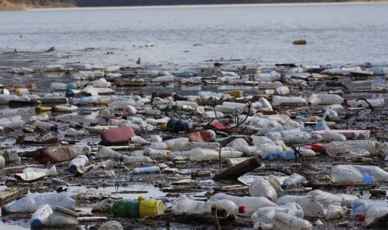 Plásticos en una playa 