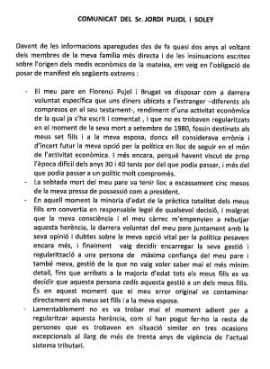 Comunicado de Jordi Pujol sobre su fortuna oculta en Andorra.