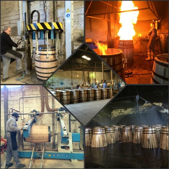 Distintos procesos en la fabricación de un tonel en la Bodega Pérez Lobato en Jerez.