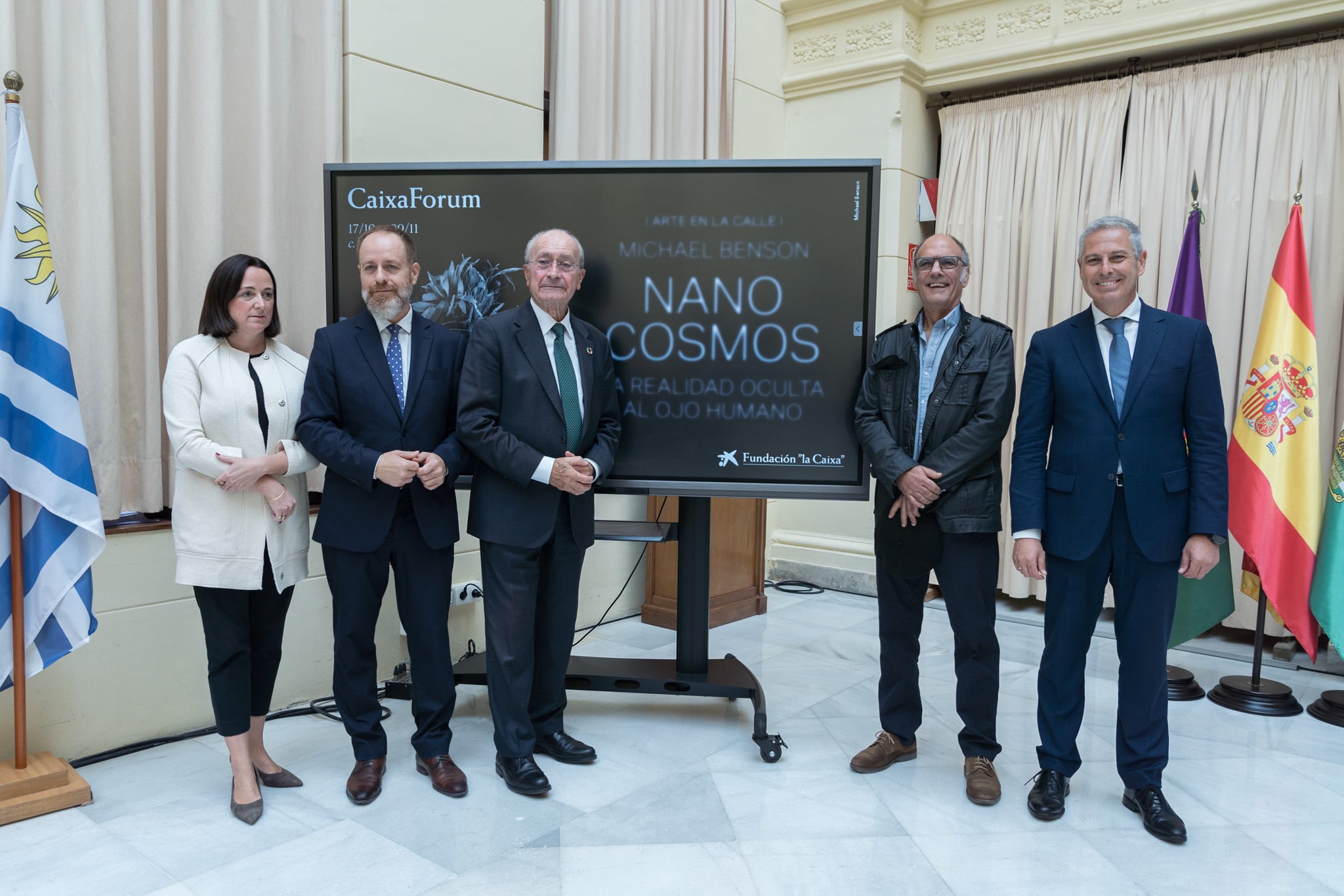 Francisco de la Torre, alcalde de Málaga; Mariana Pineda, concejala de Cultura y Patrimonio Histórico; Antonio Caballero, director de Área de Negocio de CaixaBank en Málaga; Juan Carlos Barroso, responsable territorial de la Fundación ”la Caixa” en Andalucía, Ceuta y Melilla; y Rubén Duro, asesor de la exposición, han presentado hoy la muestra