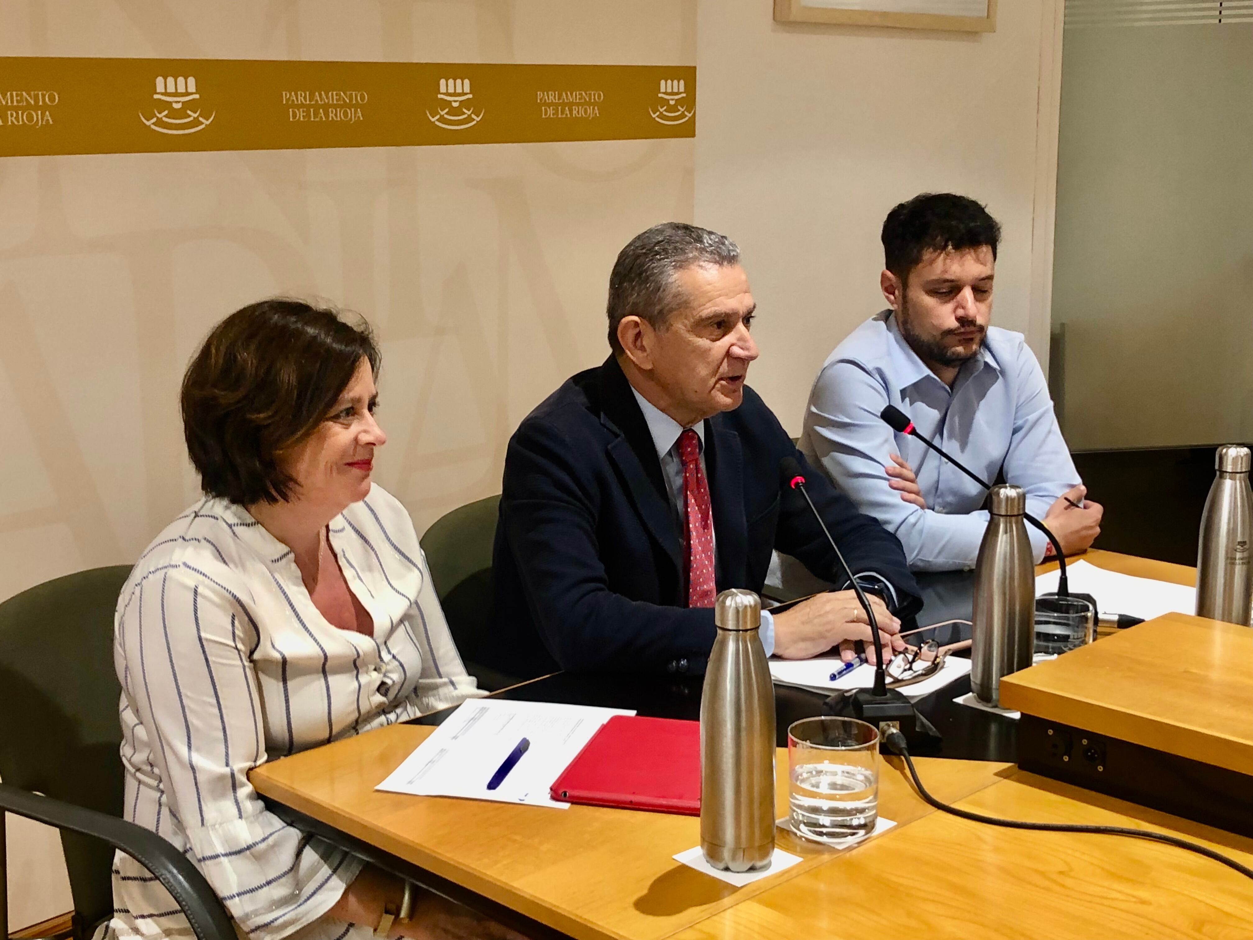 El consejero de Hacienda y Administración Pública, Celso González, el portavoz del Grupo Parlamentario Socialista, Raúl Díaz, y la diputada de IU, Henar Moreno.