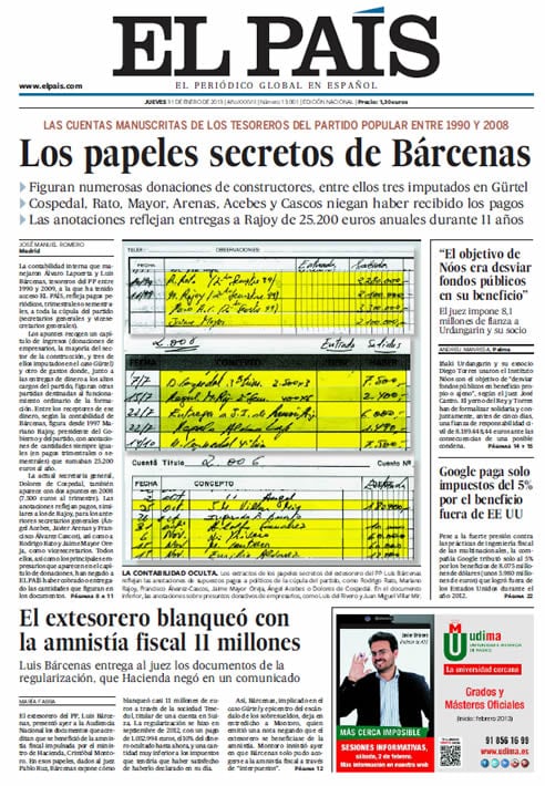 Portada de &#039;El País&#039; sobre la contabilidad secreta de Bárcenas