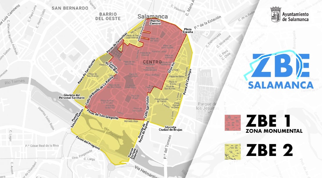 Áreas delimitadas para la implantación de la Zona de Bajas Emisiones (ZBE) en Salamanca