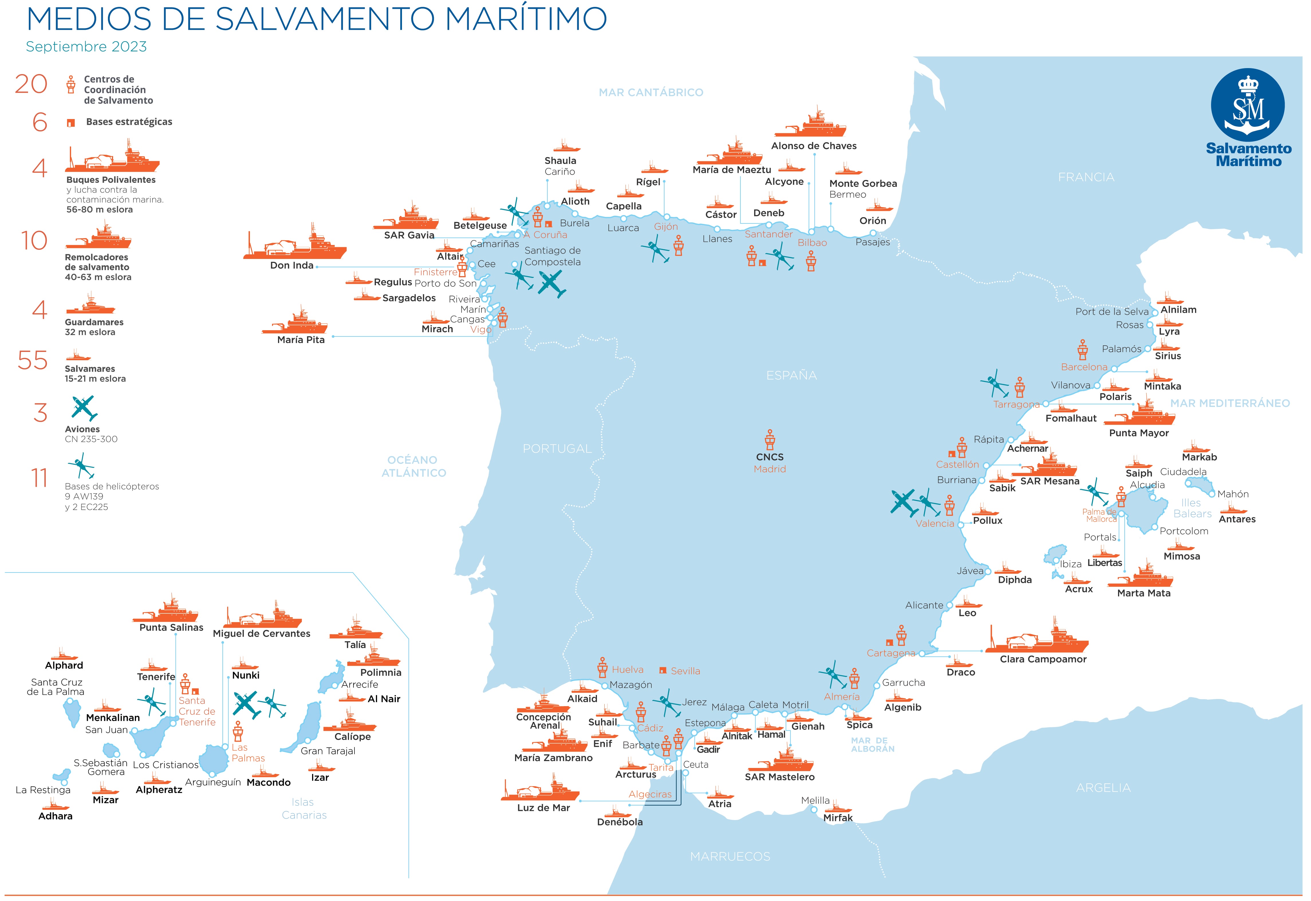 Mapa de despliegue de Salvamento Marítimo.