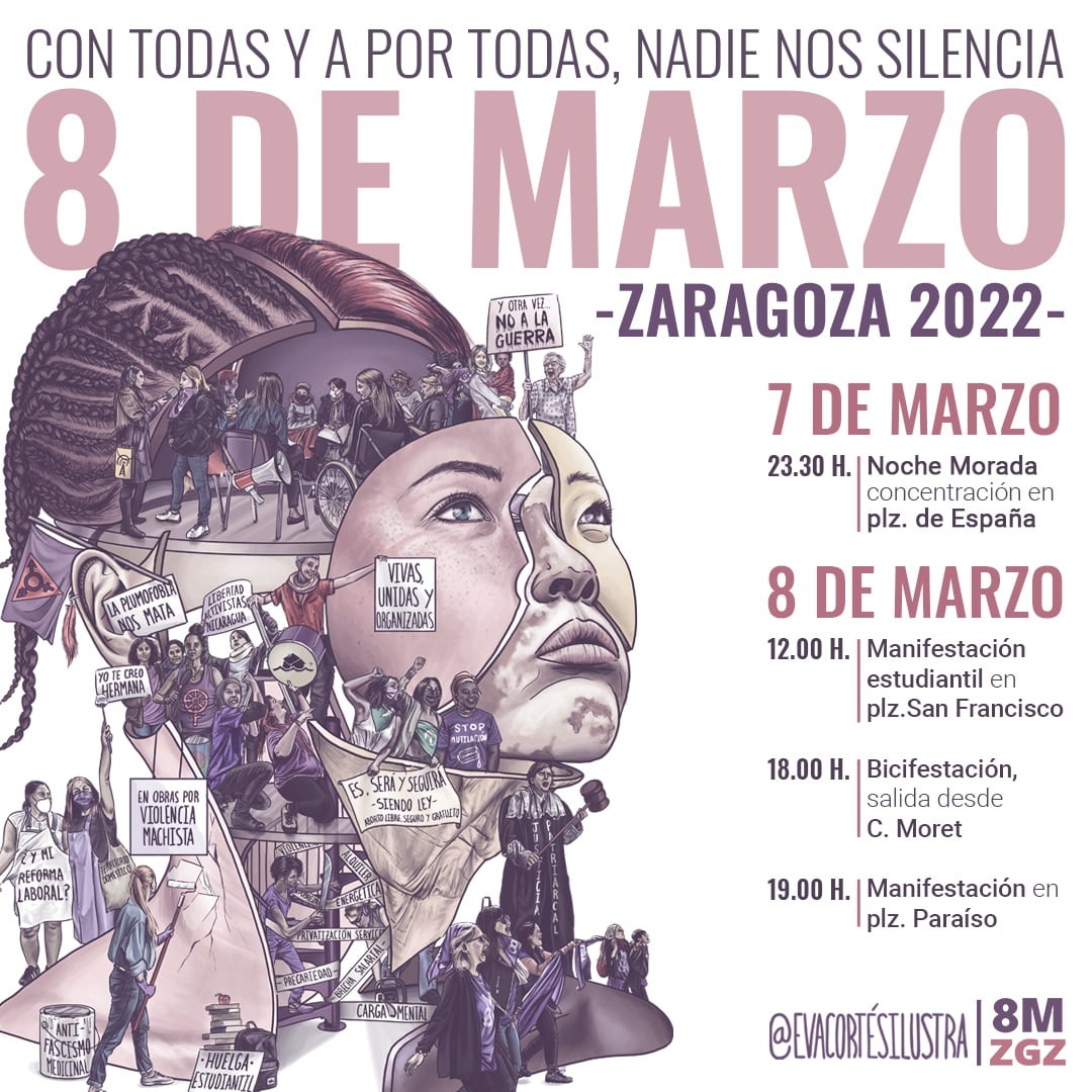 Cartel 8 de marzo 2022 en Zaragoza. Ilustración de Eva Cortés