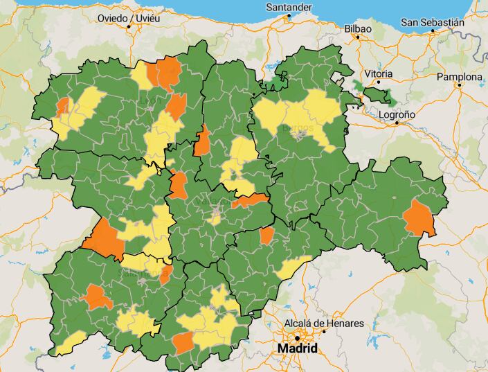 Toda la comarca en verde, libre de coronavirus, en el mapa de incidencia covid de la última semana