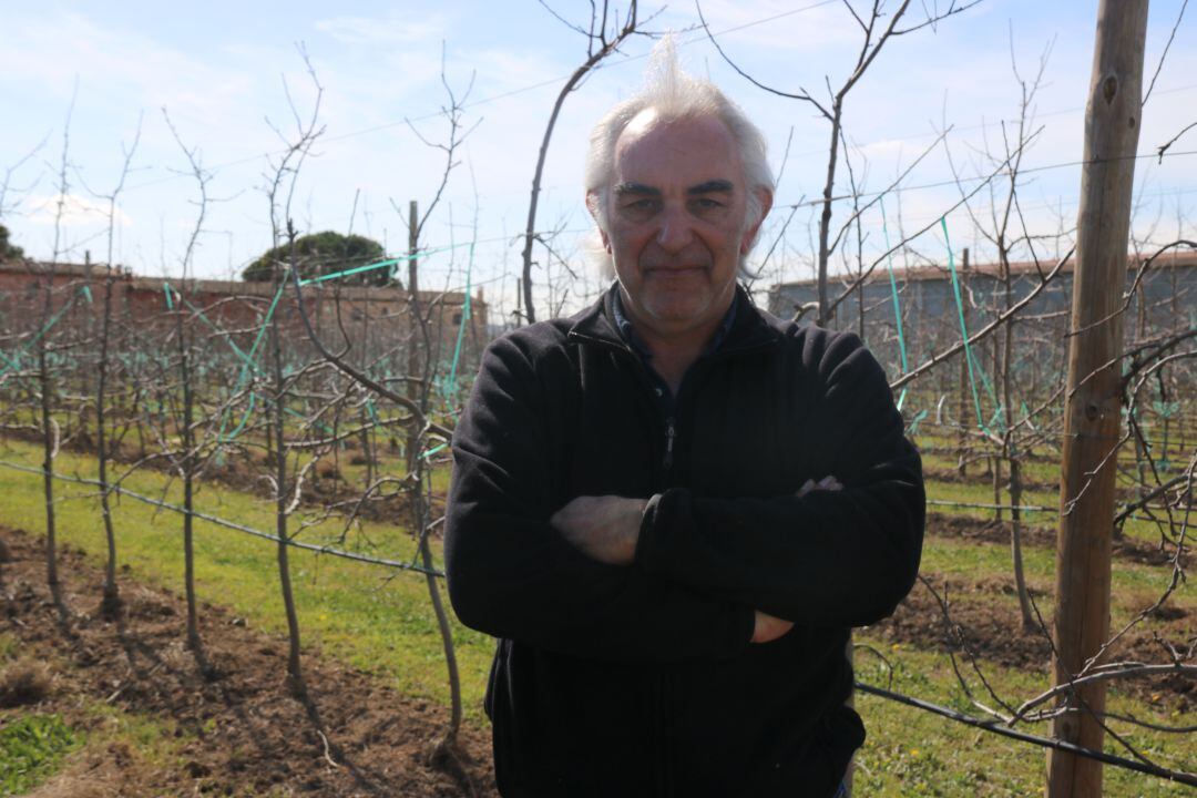 Narcís Poch en un camp de pomeres.