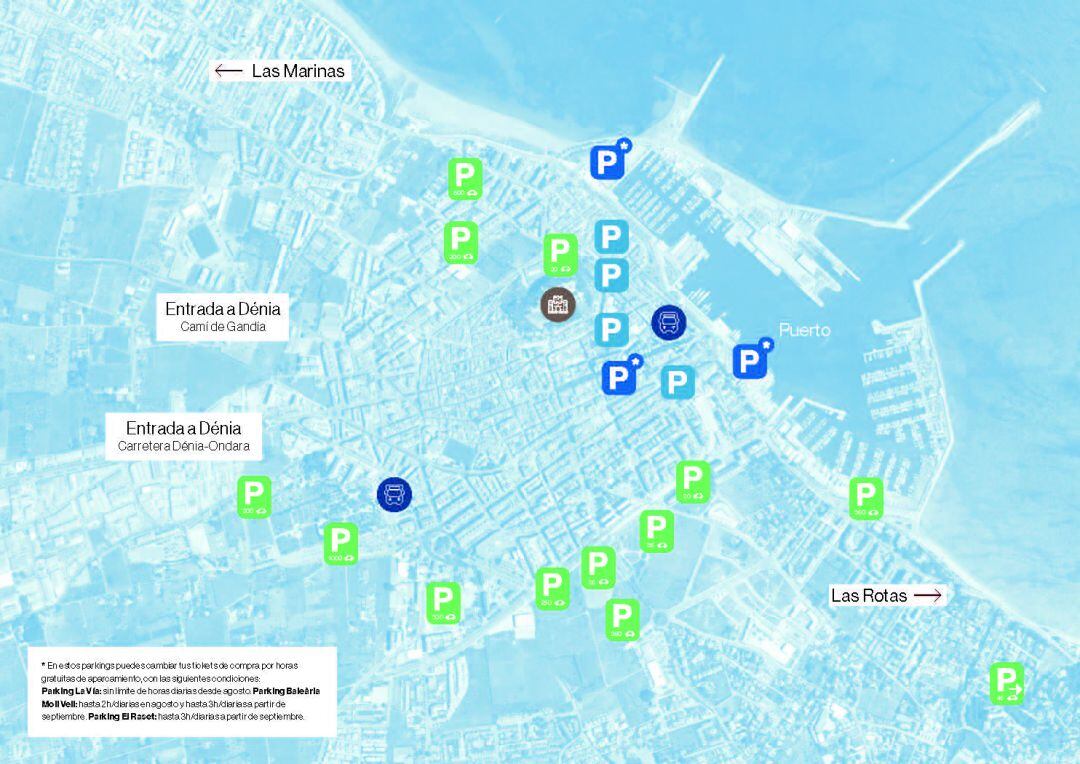 Tríptico con información sobre los aparcamientos distribuidos en Dénia.