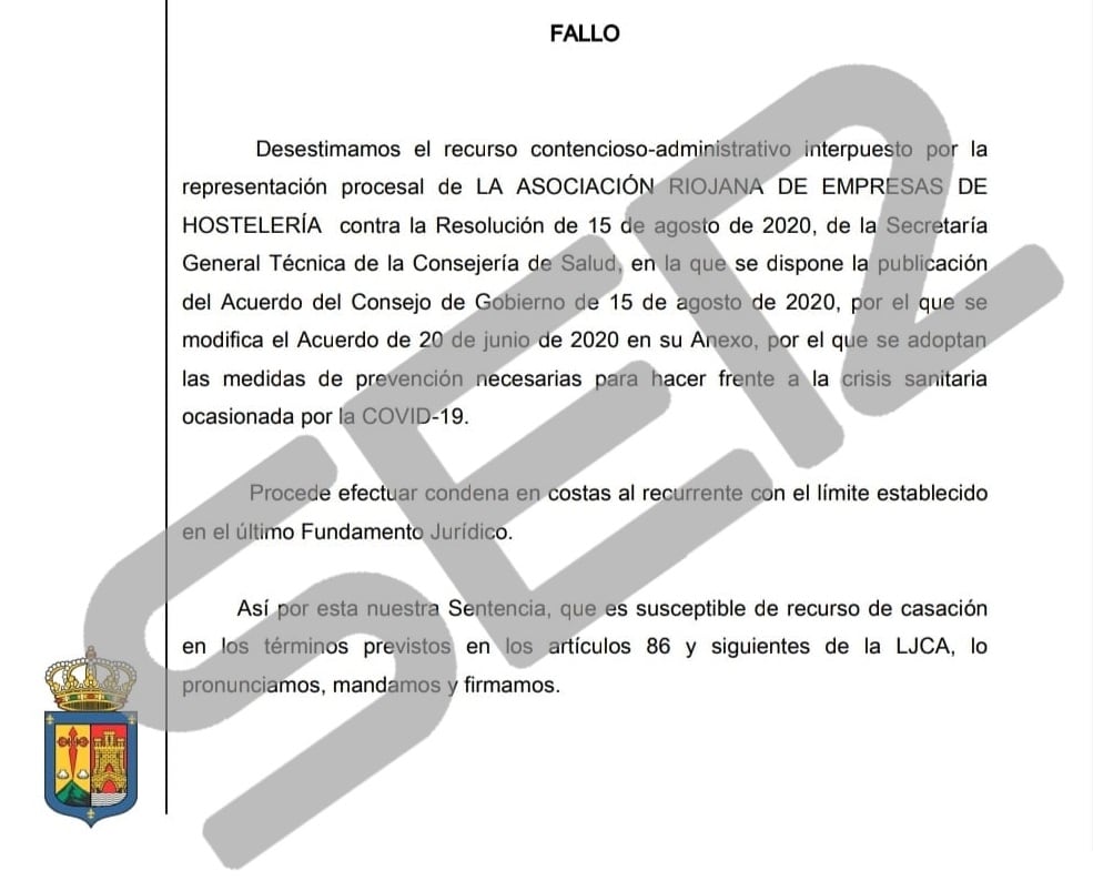 El Tribunal Superior de Justicia de La Rioja ha desestimado el recurso de la asociación de hostelería contra las restricciones del Gobierno de La Rioja aprobadas el 15 de agosto de 2020.