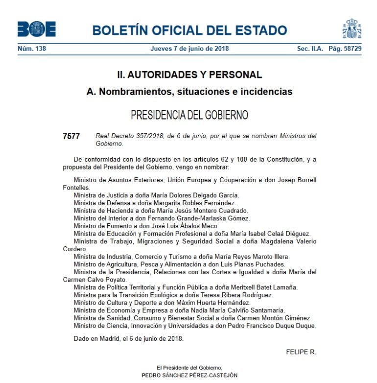 El Gobierno de Sánchez, en el BOE.