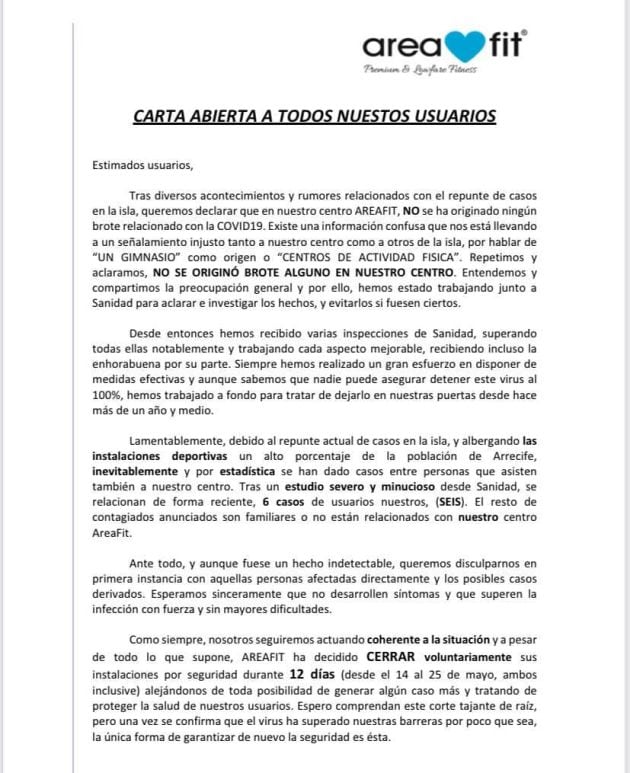 La carta abierta dirigida a los usuarios de AreaFit Arrecife.