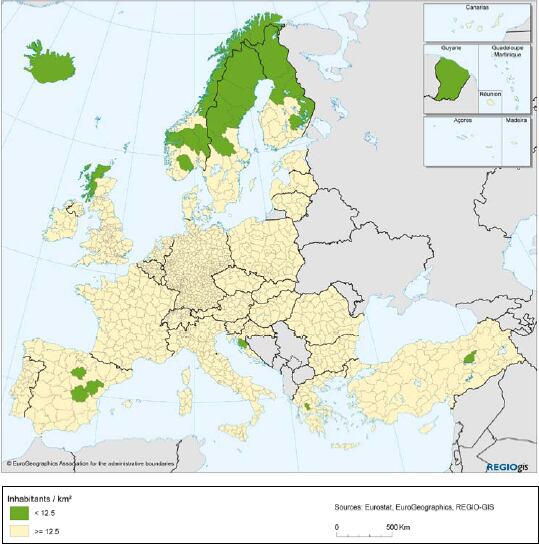 Mapa de regiones con menos de 12,5 habitantes por kilómetros cuadrado.