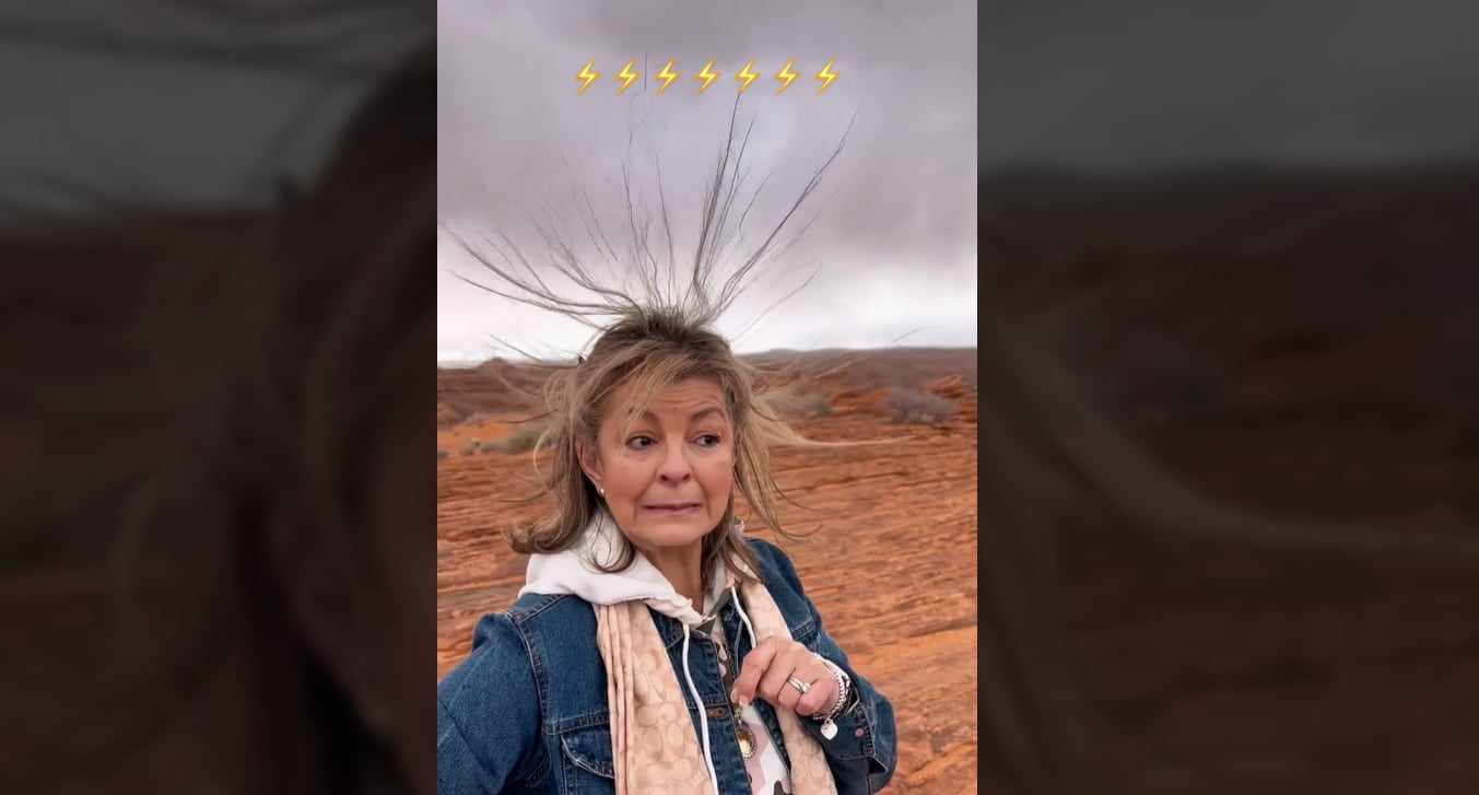 La mujer con el pelo completamente erizado.